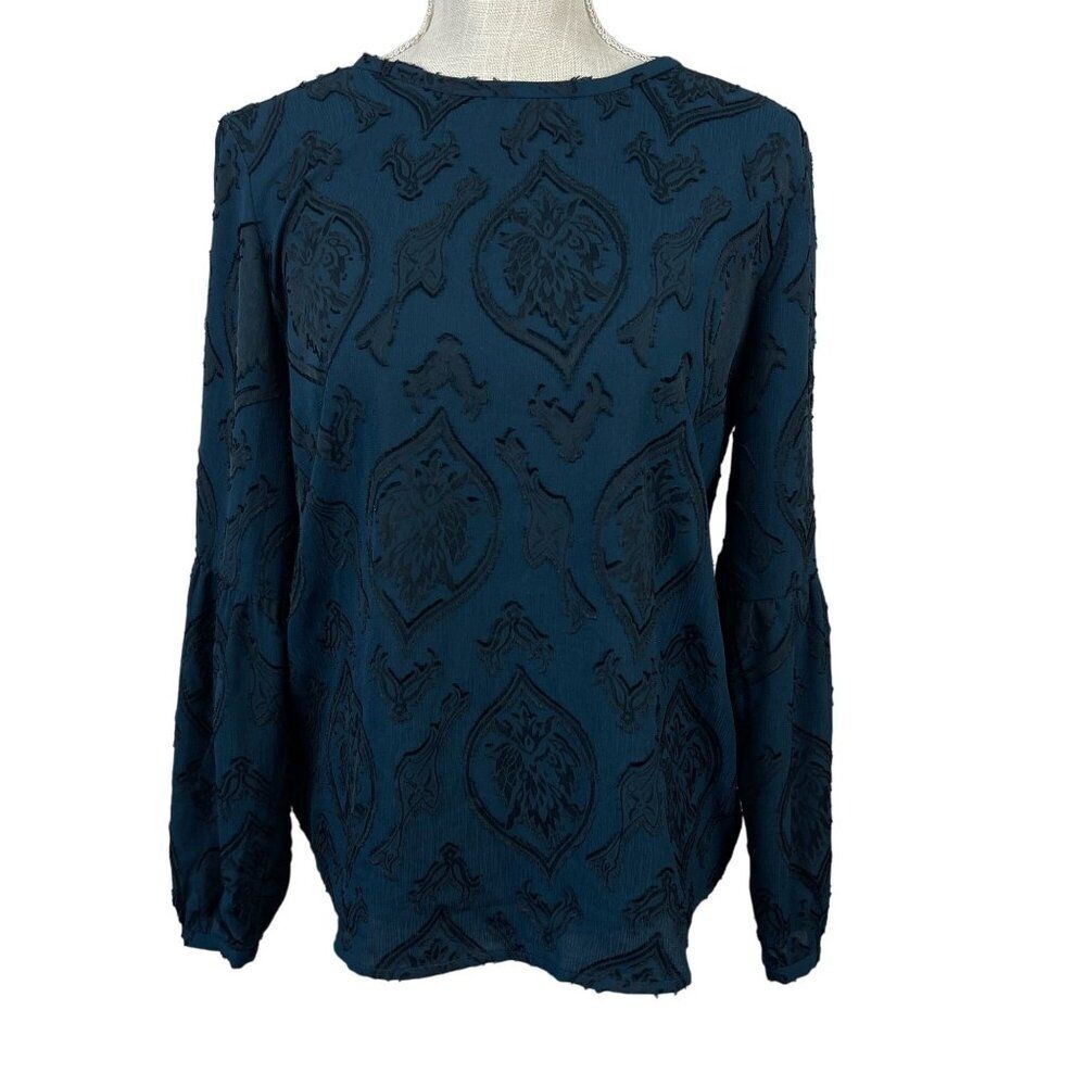 Ann Taylor Loft Womens Blouse MP Blue Velvet Burnout‎ Floral Boho Academia Chic
